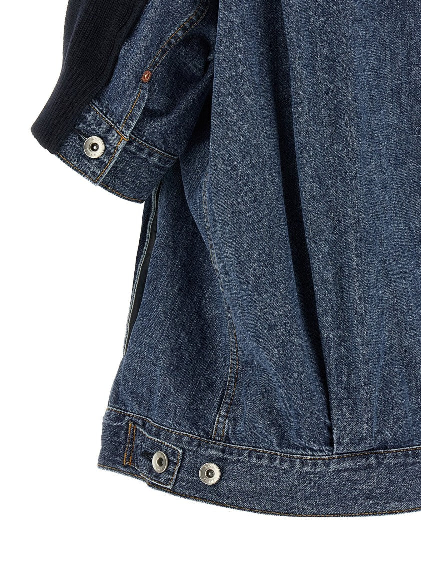 Sacai Flared Cotton Denim Cardigan With Knitted Front Insert