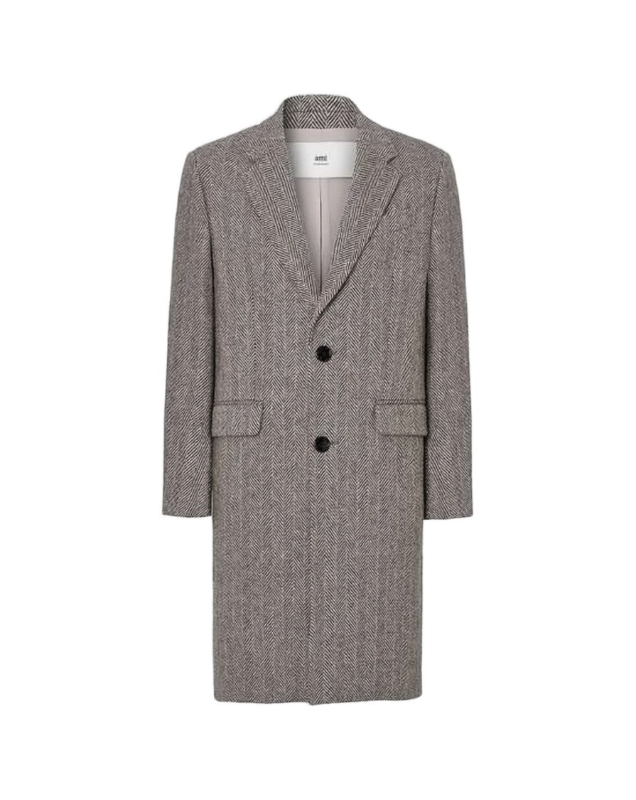 Ami Paris Classic Tailored Herringbone Wool Coat