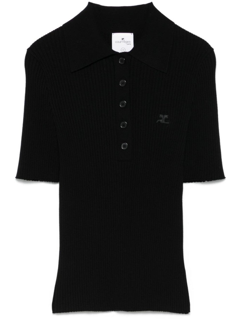 Courrèges Black Ribbed Knit Polo Collar Top