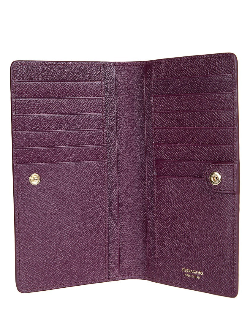 Ferragamo Continental Wallet In Textured Calfskin With Iconic Gold Gancini Buckle