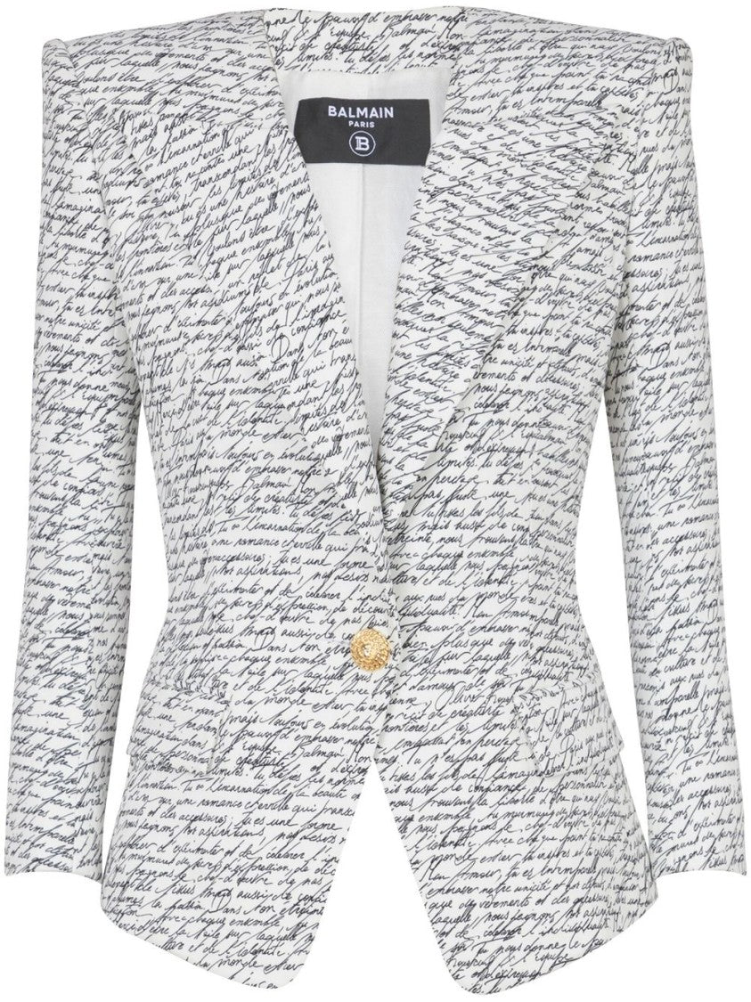 Balmain White Script Print Tailored Jacket