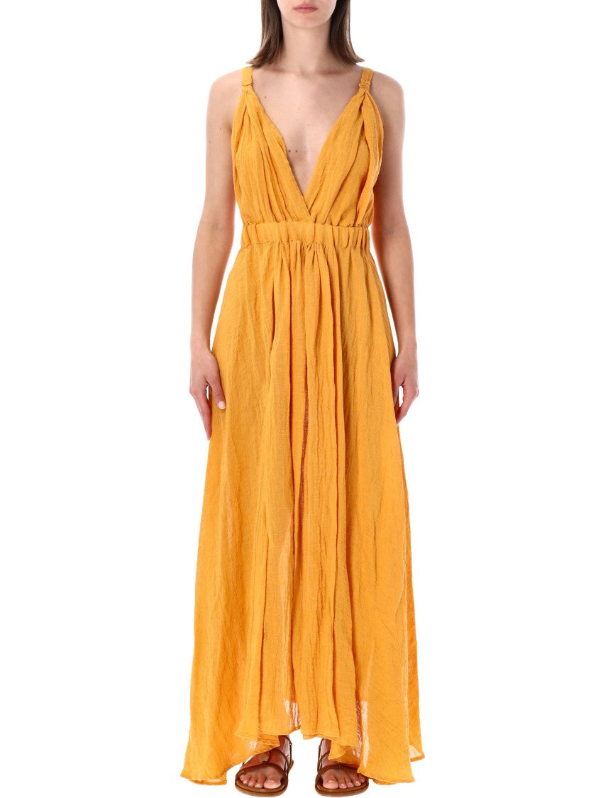 120% Lino Long Dress With Deep V-Neckline