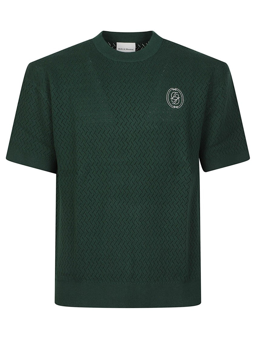 Drôle De Monsieur Embroidered Logo Openwork Knit Cotton T-Shirt