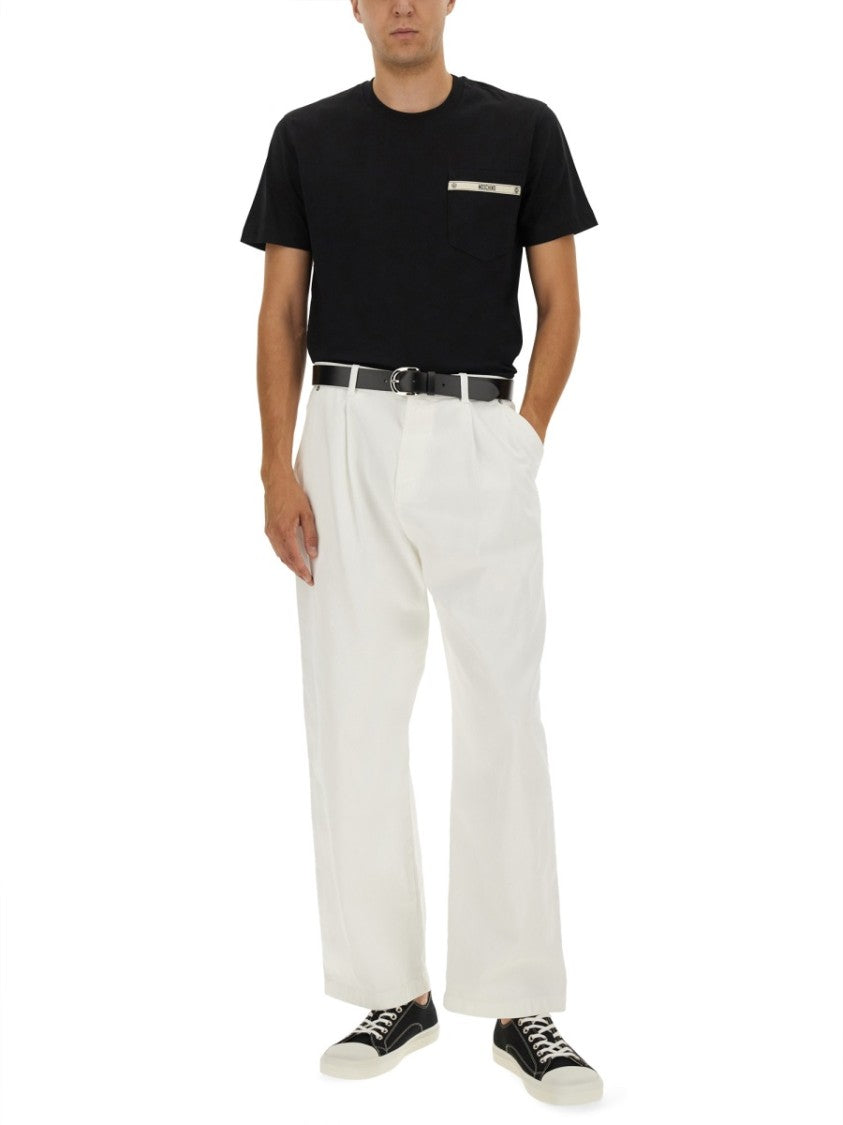 Moschino Logo Ribbon Pocket T-Shirt In Black Cotton