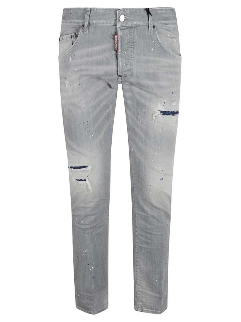 Dsquared2 Distressed Grey Denim Jeans With Paint Splatters