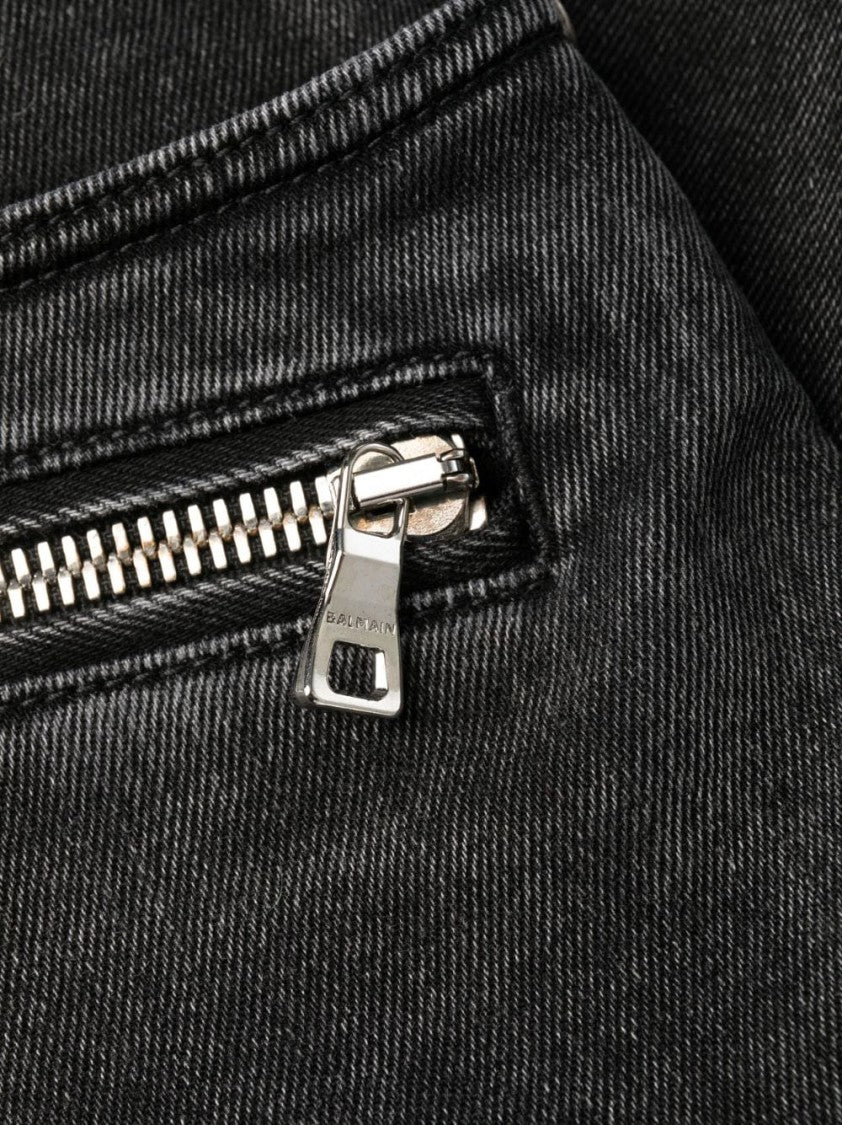 Balmain Skinny Black Jeans With Ribbed Detailing And Zippered Pockets