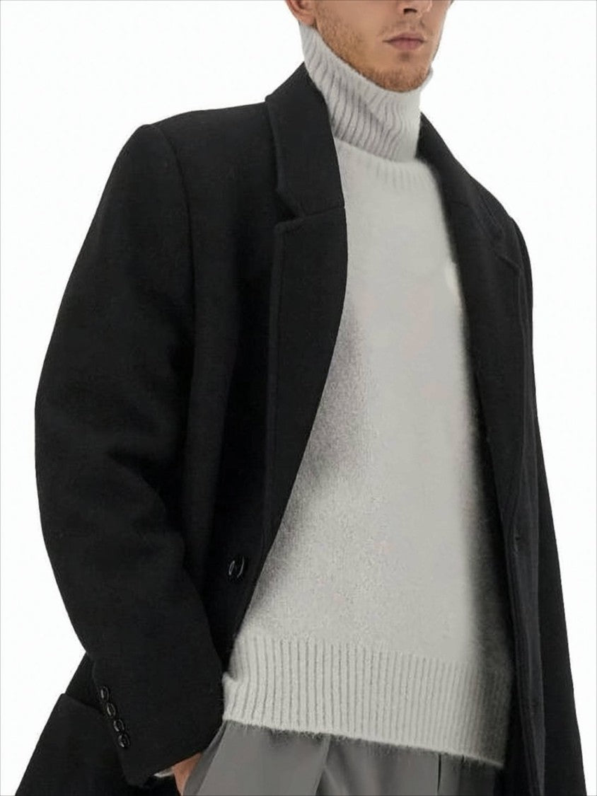 Ami Classic Black Wool Ami Coat With Notched Lapel