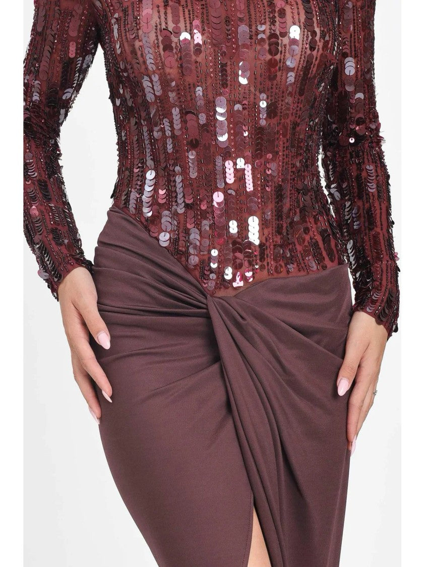 Red Carpet E. Franchi Sequin-Embellished Long Dress With Fitted Skirt And Front Slit