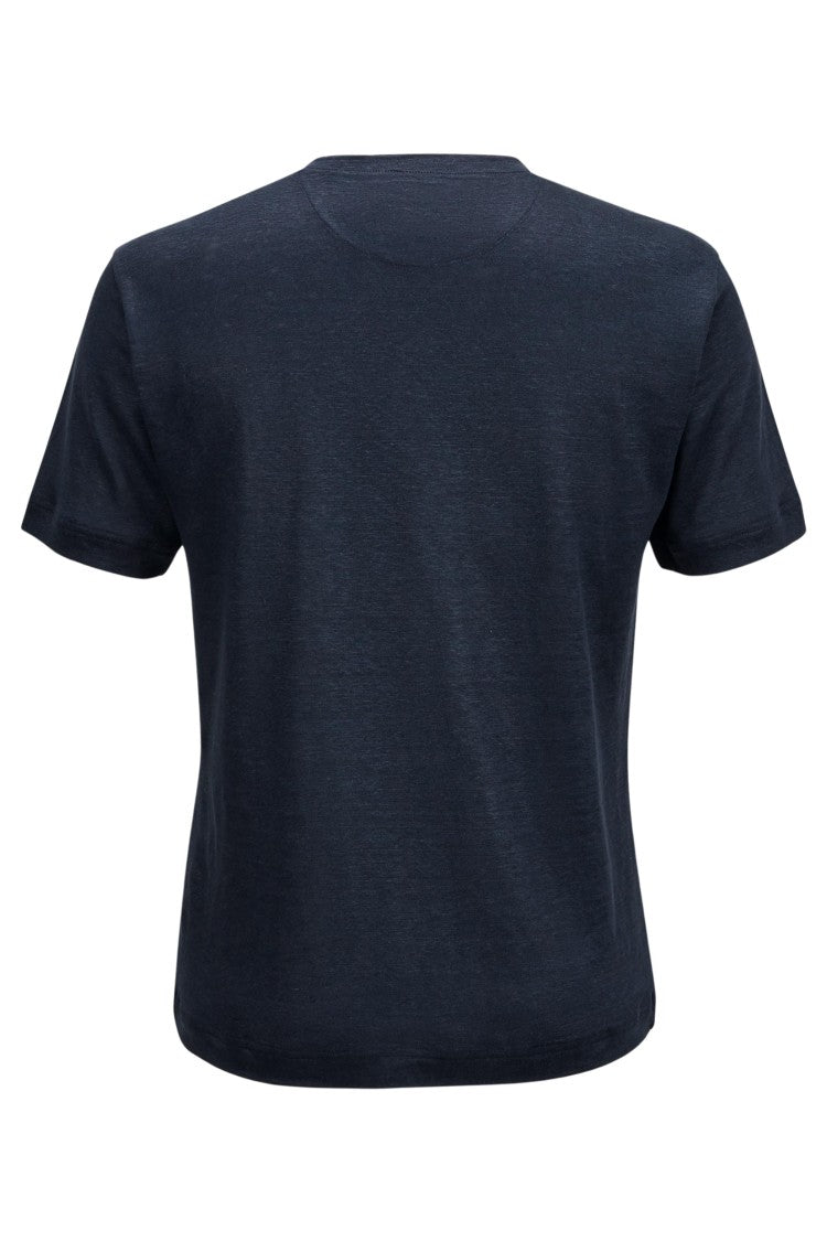 Eleventy Blue White Double Trim Crew Neck Linen T-Shirt