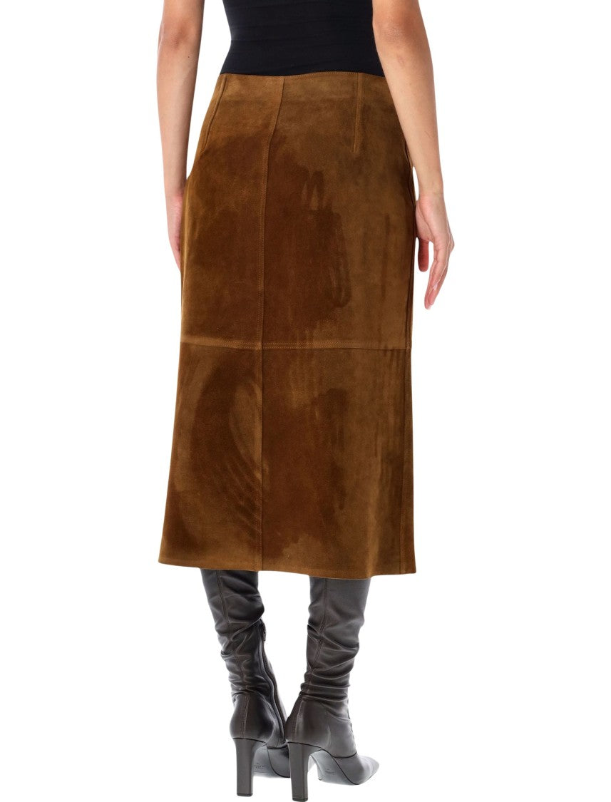 Studio Nicholson Brown Suede Midi Skirt With Patchwork Design