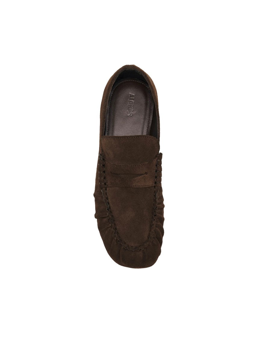 Alohas Penny Strap Brown Suede Moccasins With Detailed Stitching