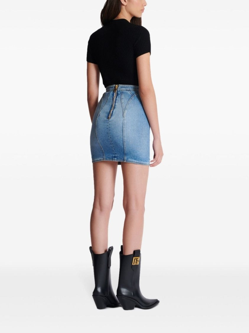 Balmain Thigh-Length Light Blue Stretch-Cotton Denim Skirt