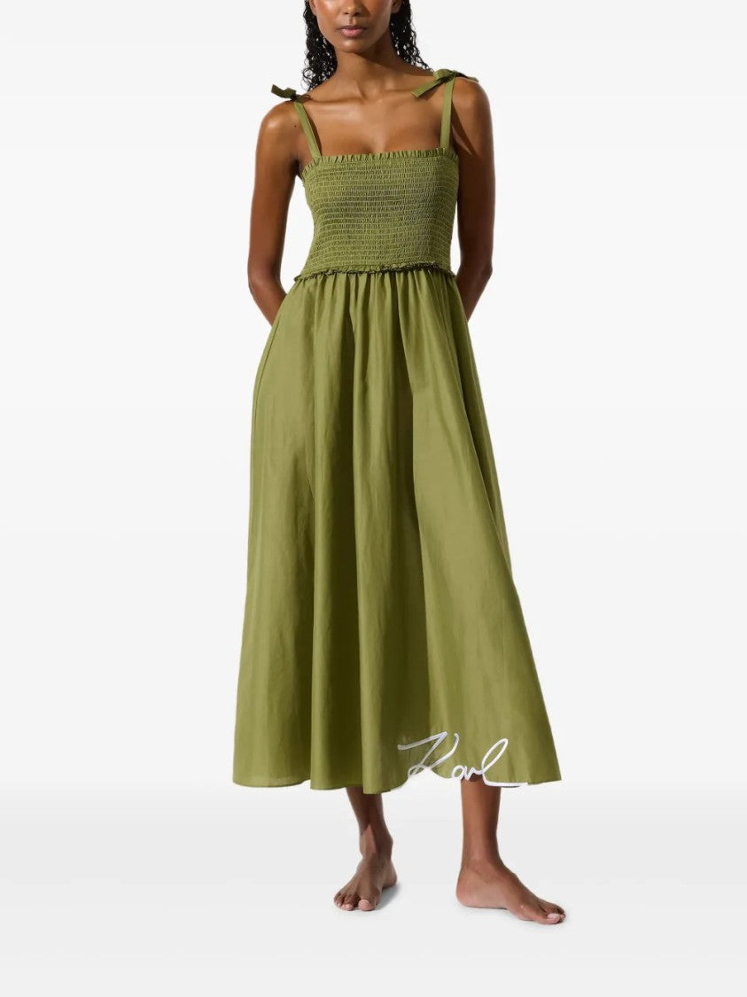Karl Lagerfeld Midi Dress With Smocked Bodice And Square Neckline