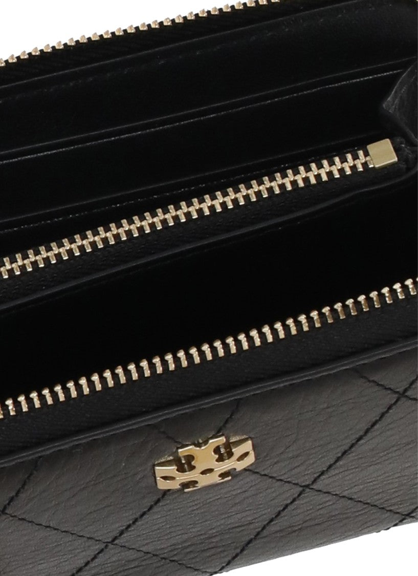 Tory Burch Black Quilted Leather Zip-Around Gold Logo Wallet