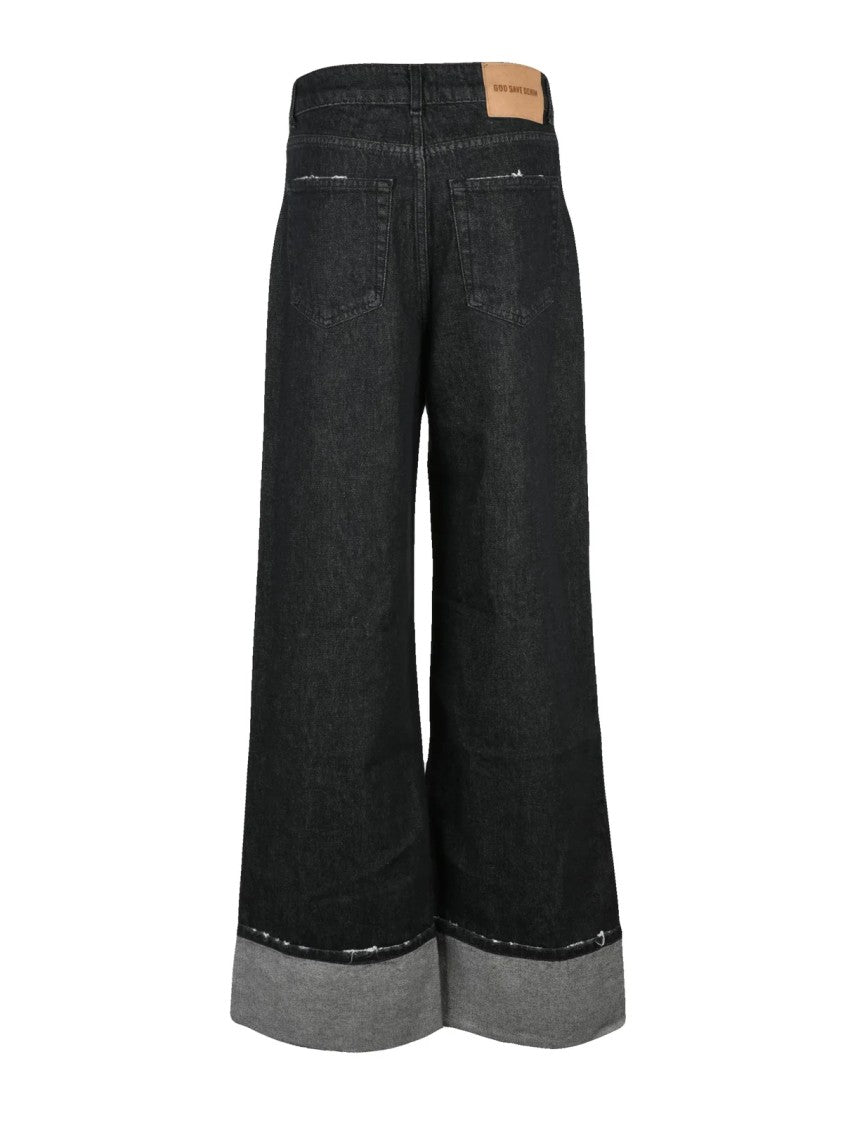 God Save Denim Black High-Waisted Cuffed Wide-Leg Jeans