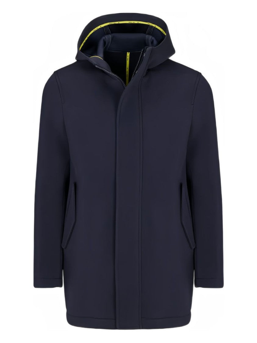 Manuel Ritz Hooded Blue Parka With Concealed Front Zipper And Flap