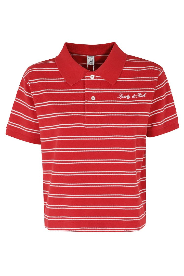 Sporty And Rich Red Signature Logo Striped Boxy Cotton Polo Shirt