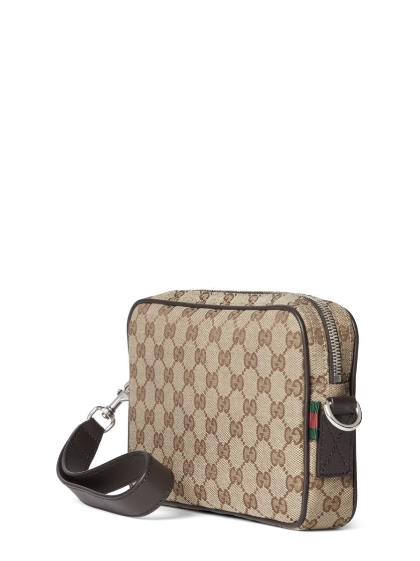Gucci Small Fabric Shoulder Bag With Interlocking Logo And Leather Trim