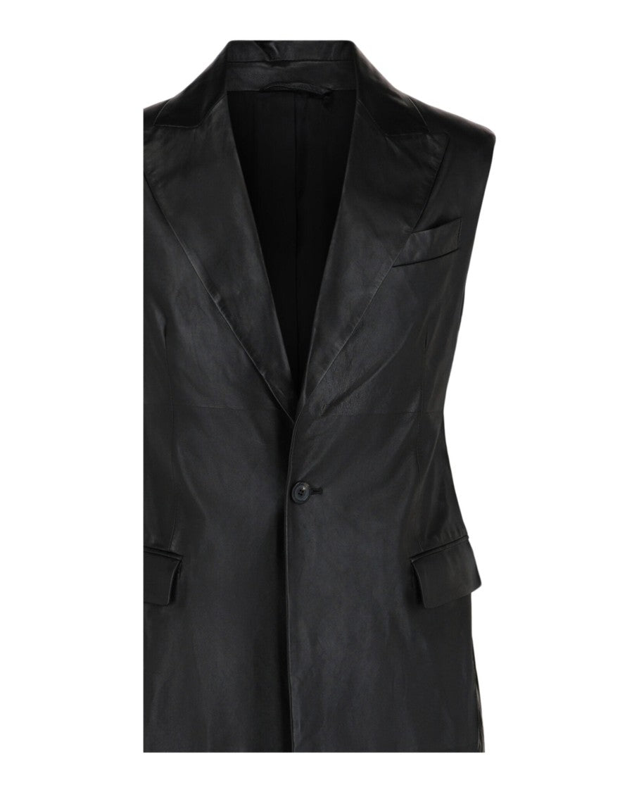 Ferragamo Sophisticated Black Sleeveless Leather Vest With Notched Lapels