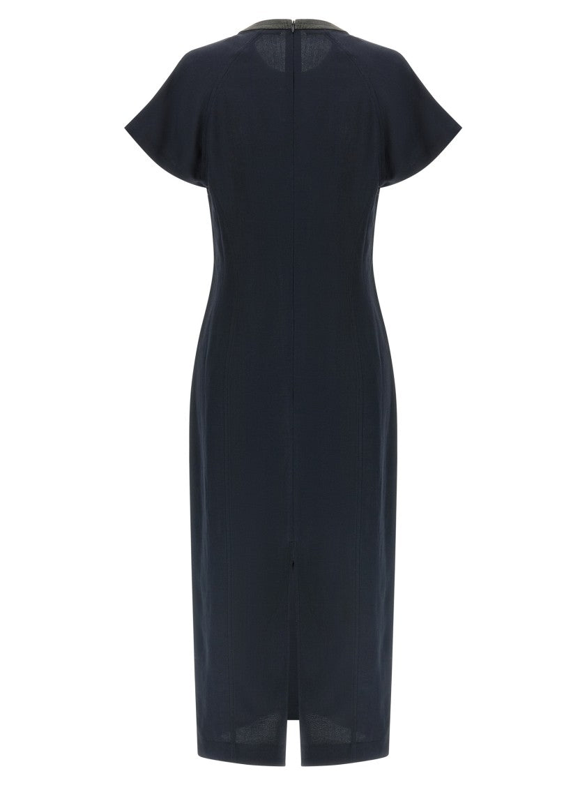 Brunello Cucinelli 'Precious Collar' Viscose And Linen Midi Dress