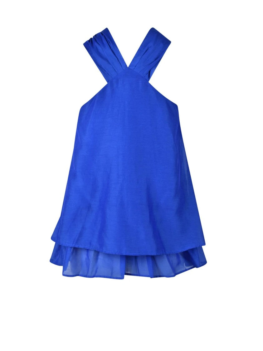 Attic And Barn Blue Crossed Straps Sheer Hem Cotton-Silk Top