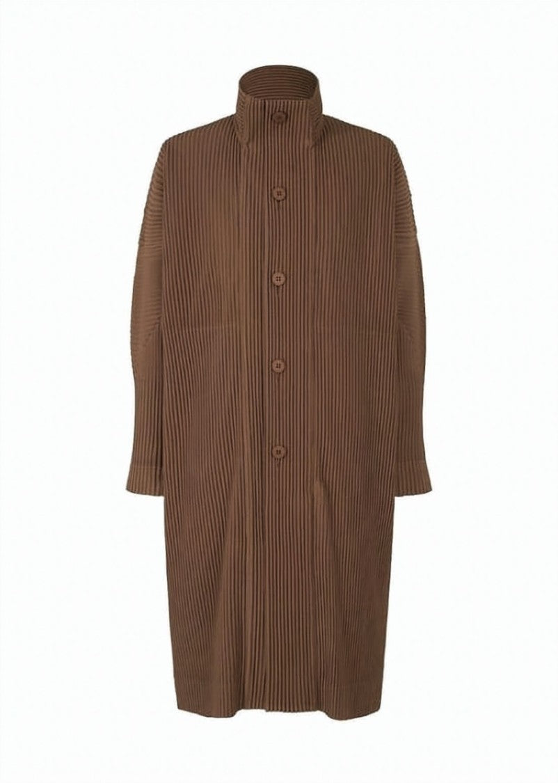 Homme Plissé Issey Miyake Pleated Brown Oversized Coat With High Collar