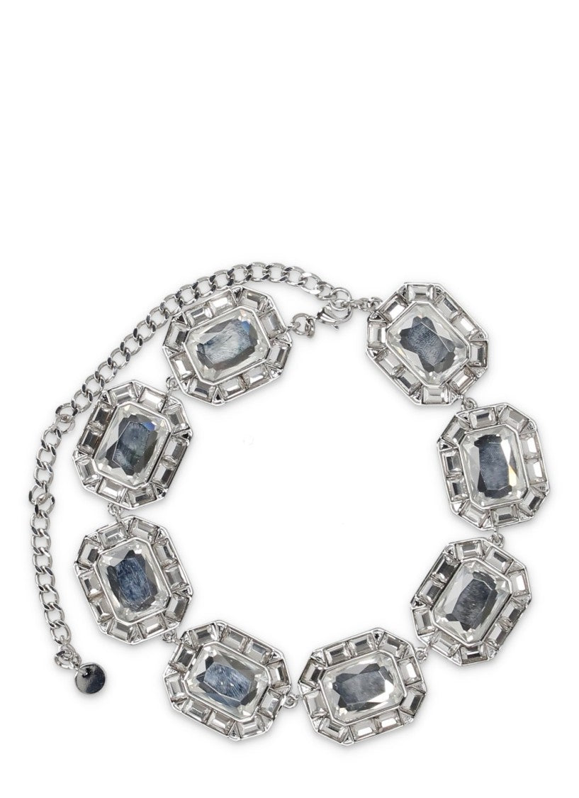 Self-Portrait Geometric Silver Necklace With Rectangular Crystal Accents