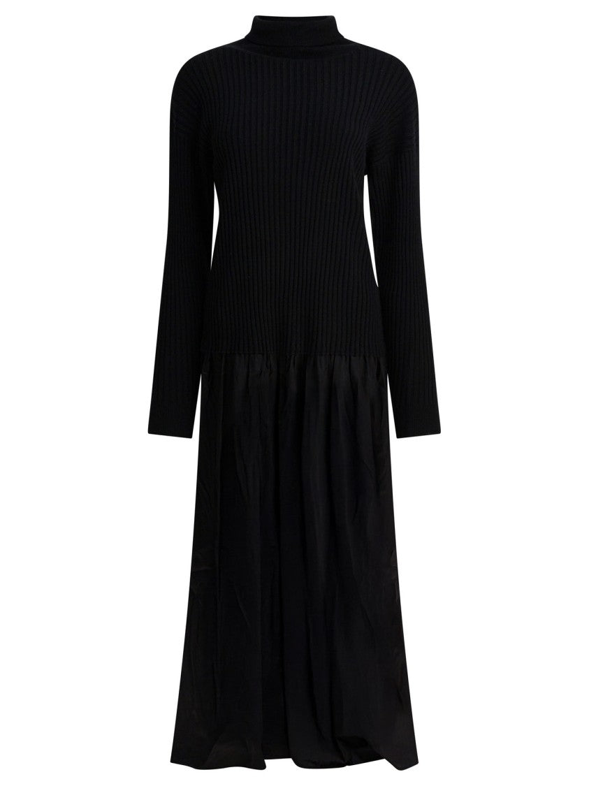 Max&Moi Gathered Black Dress With Ribbed Knit Bodice