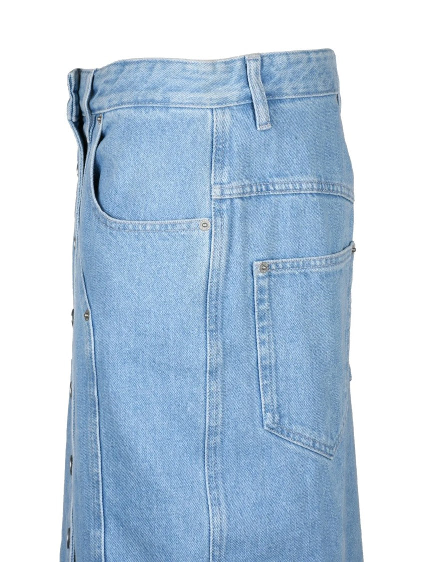 Isabel Marant Étoile Light Blue Long A-Line Cotton Skirt With Button Closure And Pockets