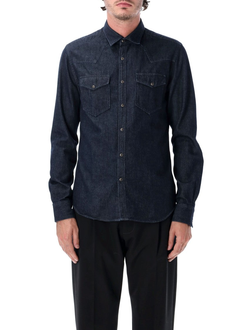 Xacus Tailor Fit Wash Garment-Washed Denim Western Casual Shirt