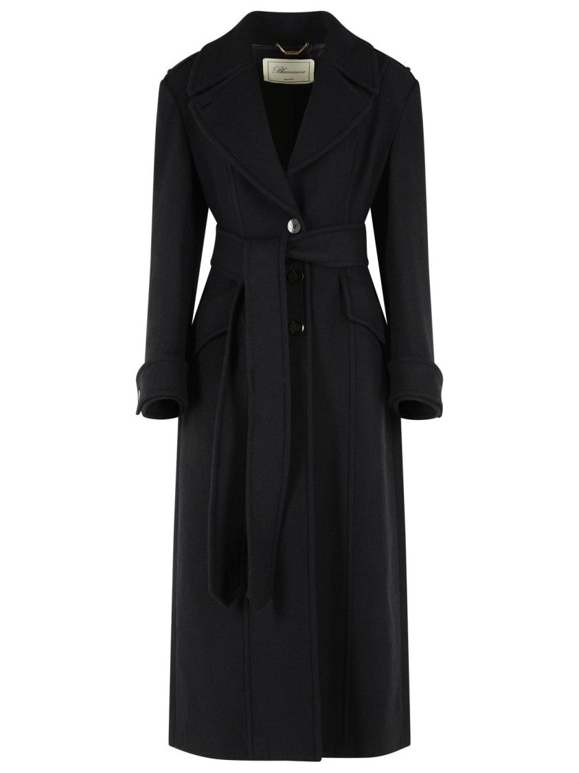 Blumarine Ankle-Length Black Wool Blend Coat With Matching Belt