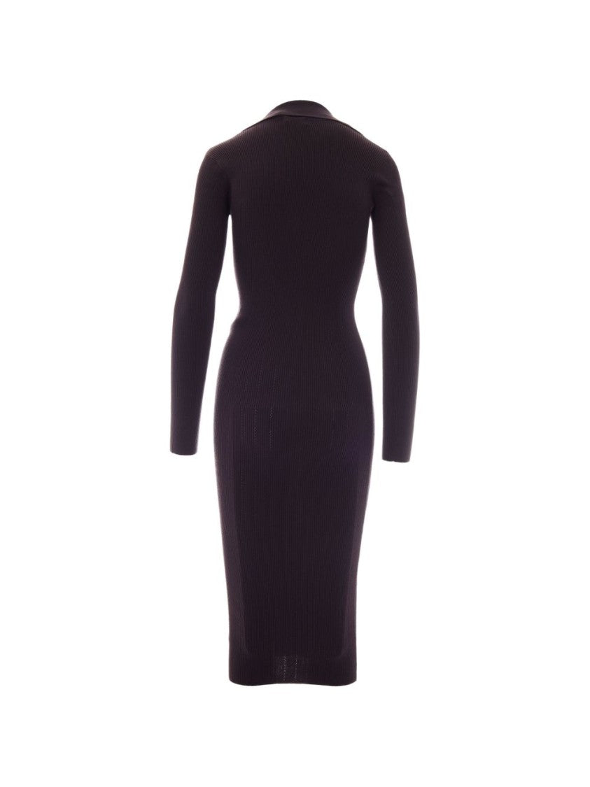 Elisabetta Franchi Black Fitted Ribbed Deep V-Neck Dress