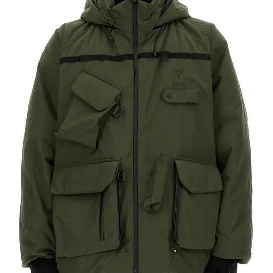 South2 West8 Padded Olive Jacket With Hood And Flap Pockets