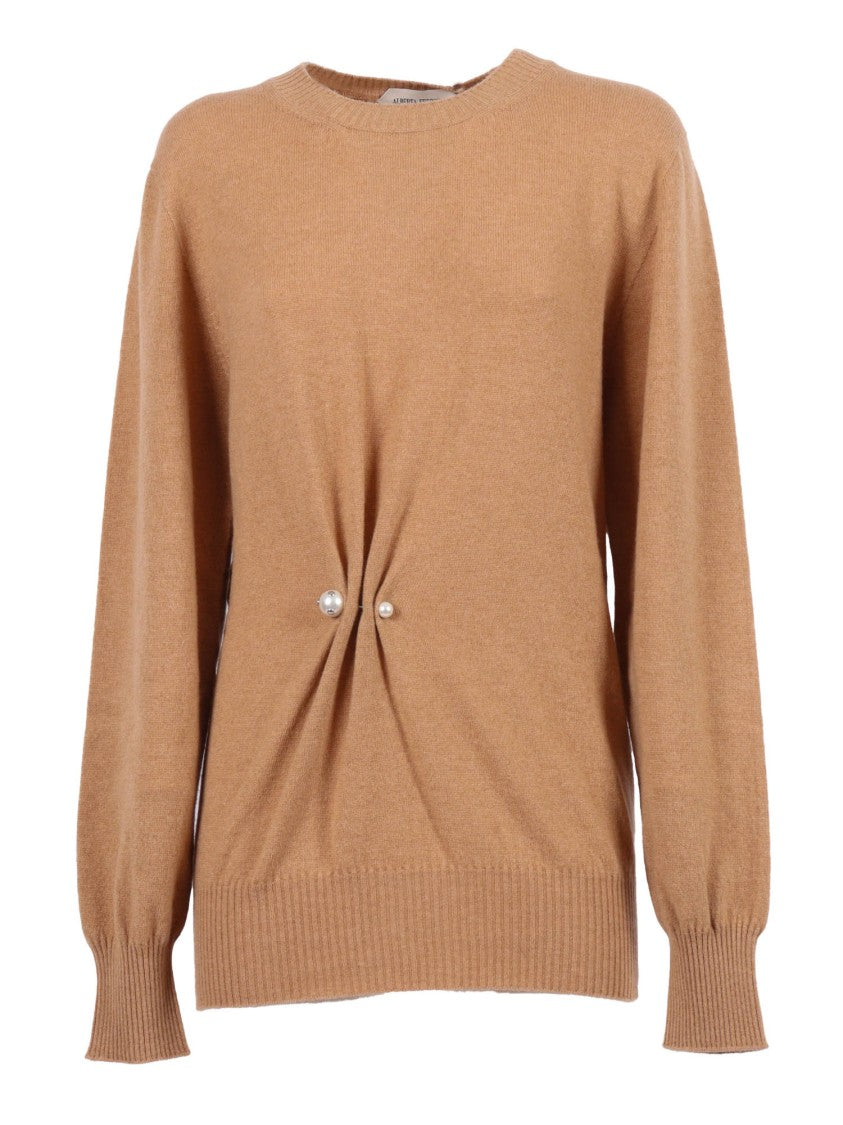Alberta Ferretti Gathered Cashmere Sweater With Decorative Pearl Accents