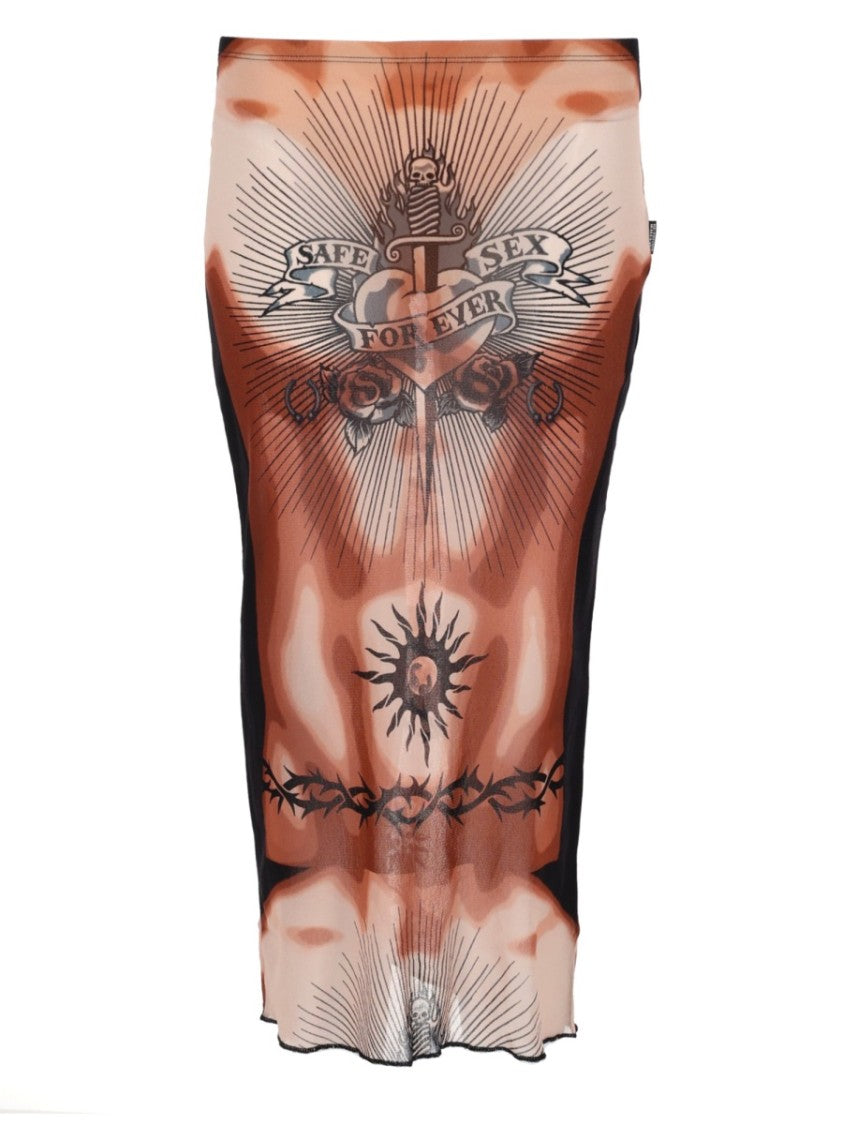 Jean Paul Gaultier Skin-Tone Polyamide Tattoo Midi Skirt