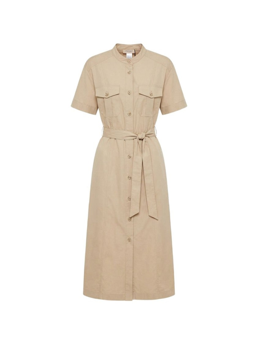 Twin-Set Knee-Length Buttoned Fabric Belted Day Dress