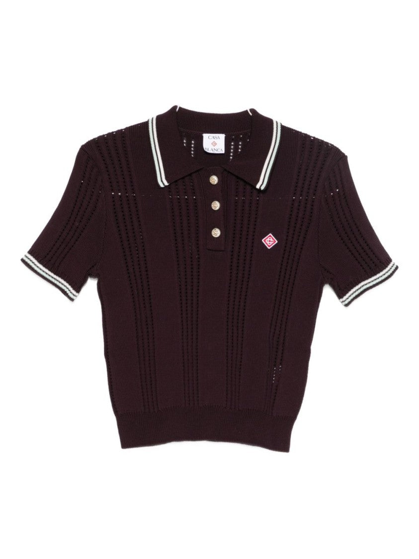 Casablanca Short-Sleeved Knit Polo With Vertical Open-Knit Stripes
