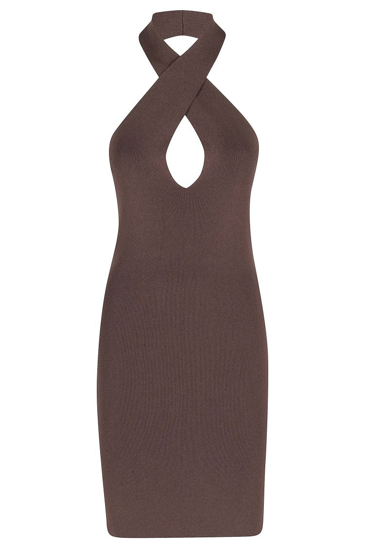 Federica Tosi Hazelnut Mini Halter Crossed Backless Viscose Mini Dress