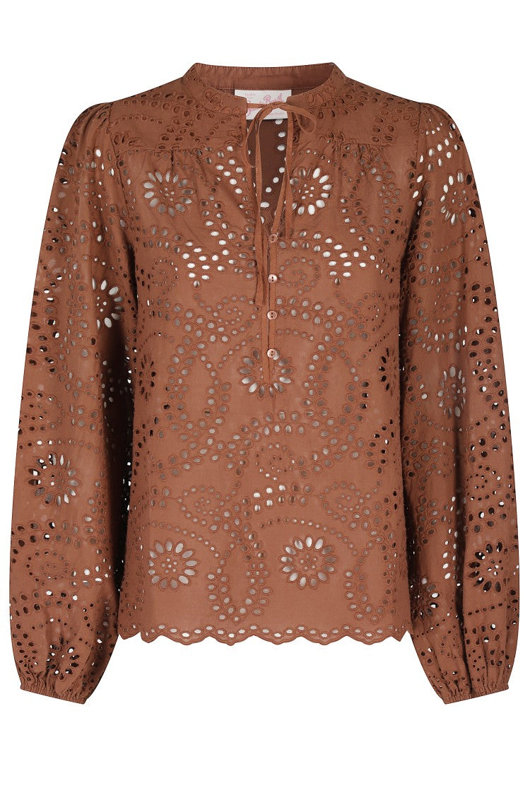 Mc2 Saint Barth Floral Cut-Out Brown Blouse