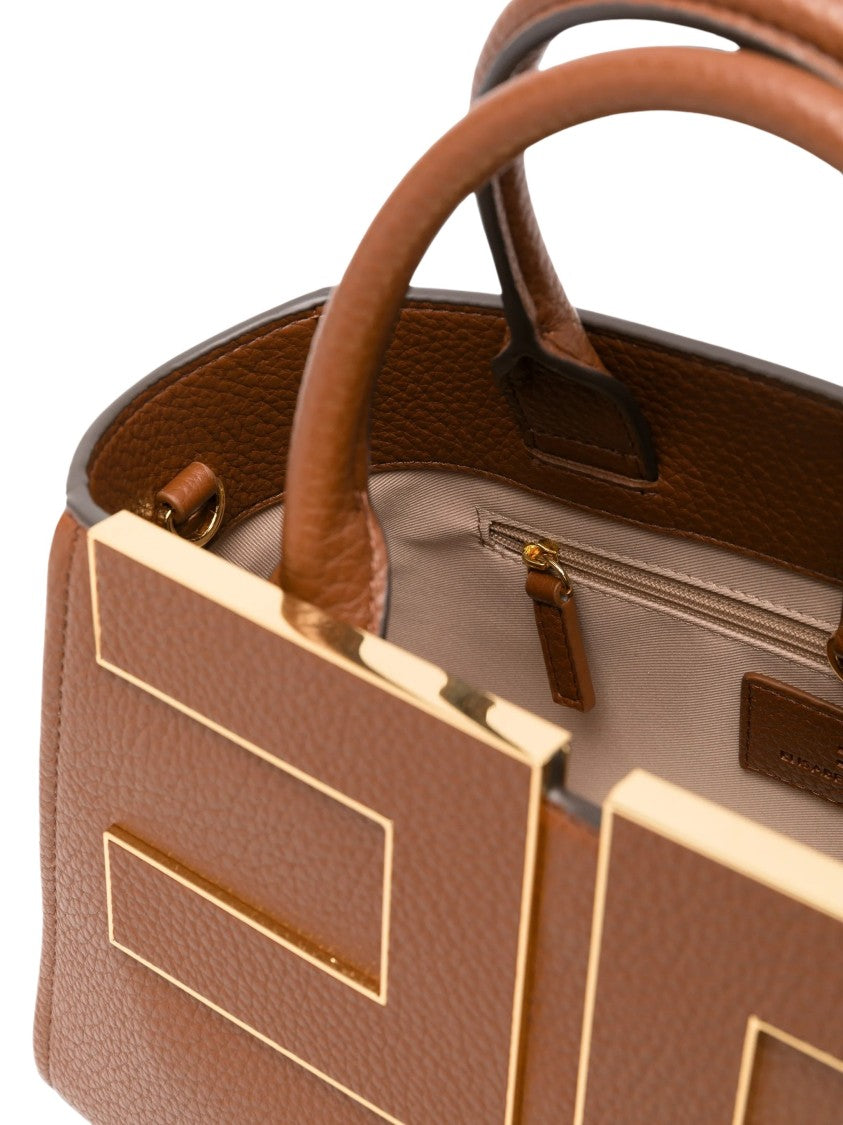 Elisabetta Franchi Structured Brown Geometric Hardware Handbag