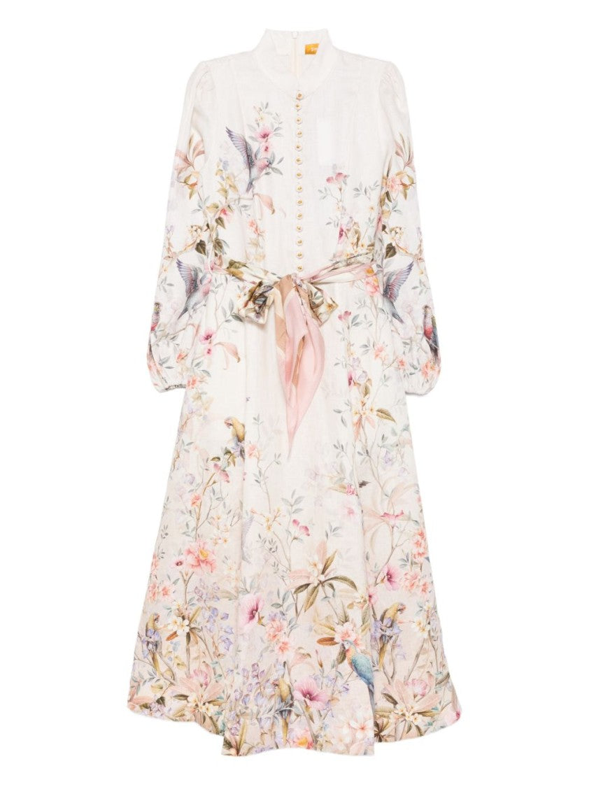 Zimmermann Floral Print Midi Dress With Puffed Sleeves