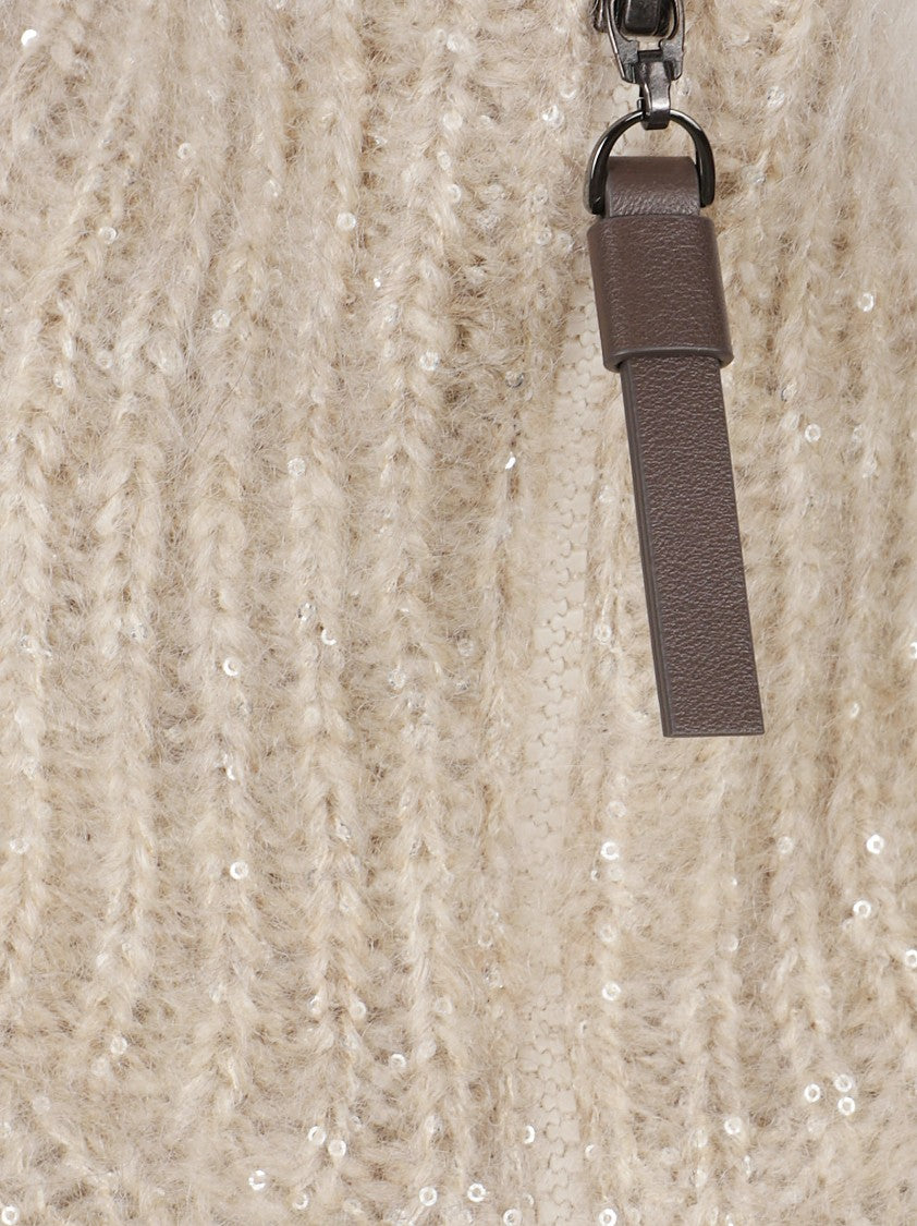 Brunello Cucinelli Chunky Cable Knit Sweater With High Ribbed Collar And Subtle Sequins
