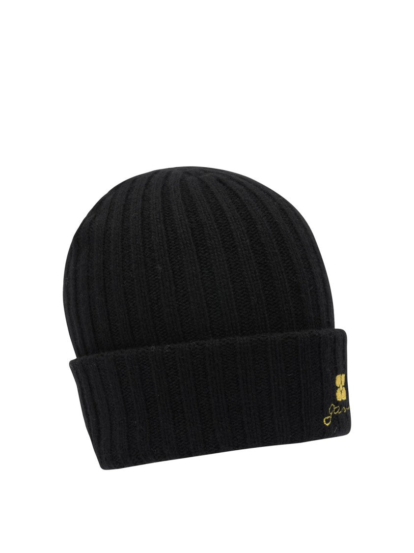 Ganni Ribbed Knit Wool Blend Beanie With Contrasting Logo