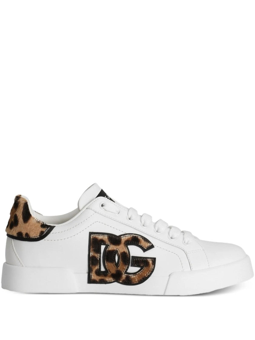Dolce & Gabbana White Low-Top Leopard Print Accent Sneakers