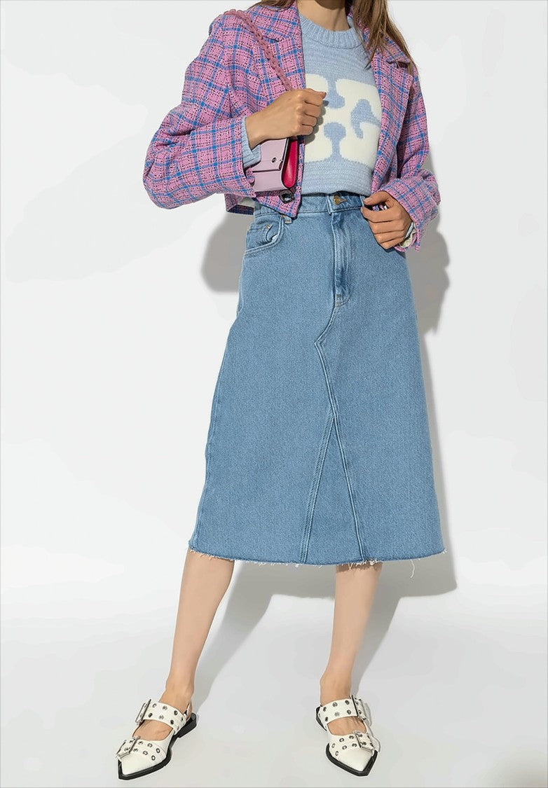 Ganni Textured Blue Wool Blend Pullover Sweater With Abstract Graphic