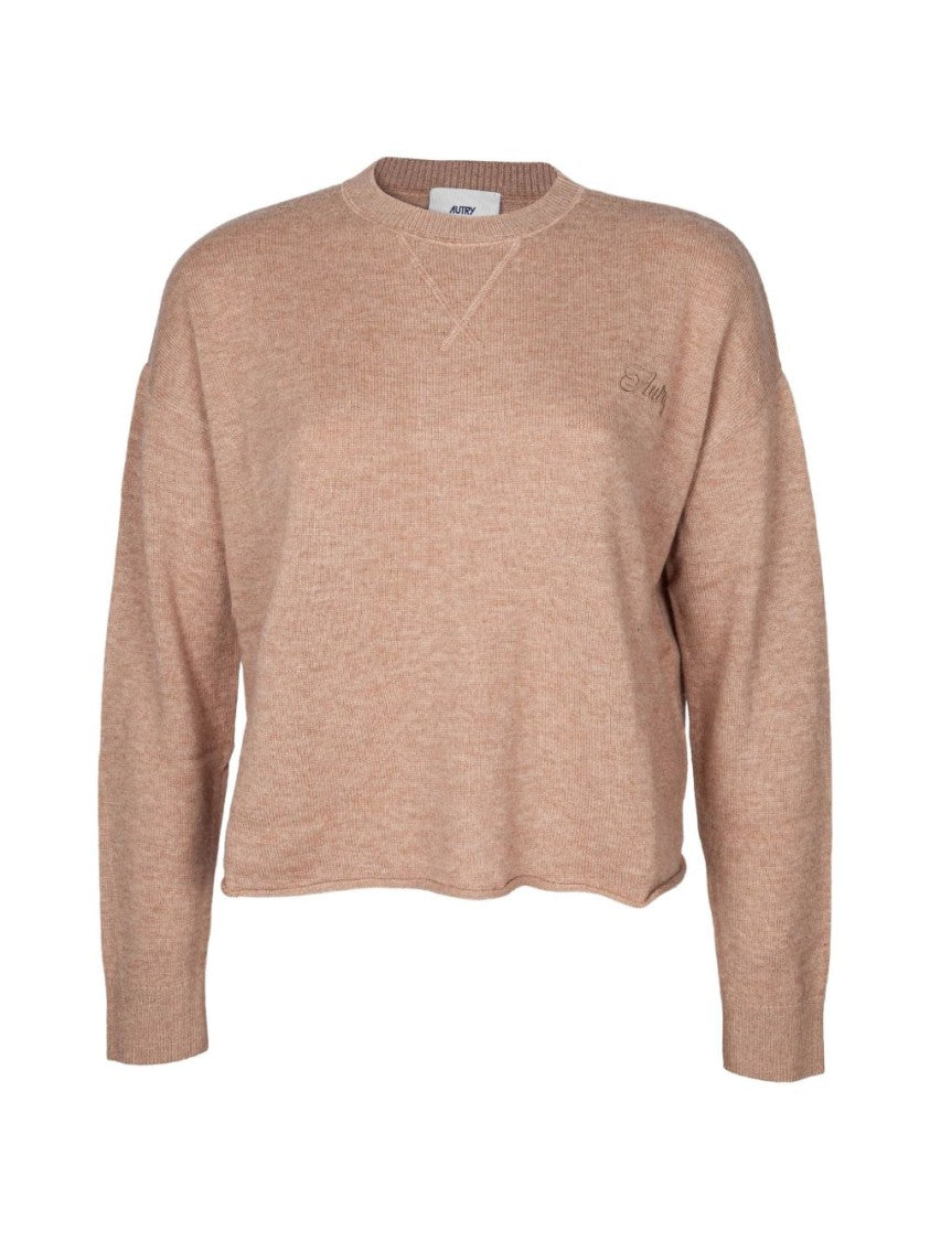 Autry Soft Beige Crew-Neck Sweater With Ribbed Details
