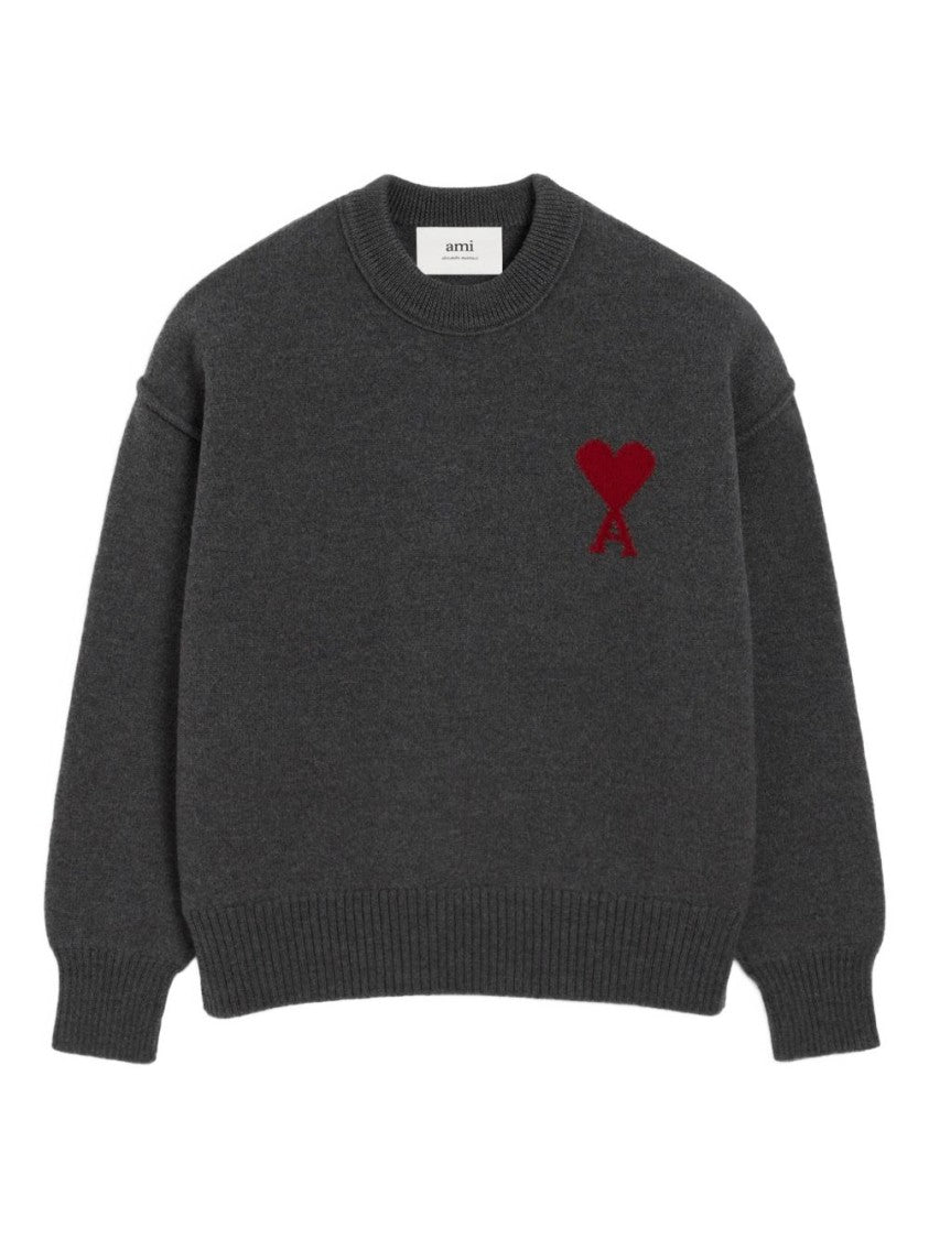 Ami Paris Heather Grey Wool Heart Intarsia Sweater