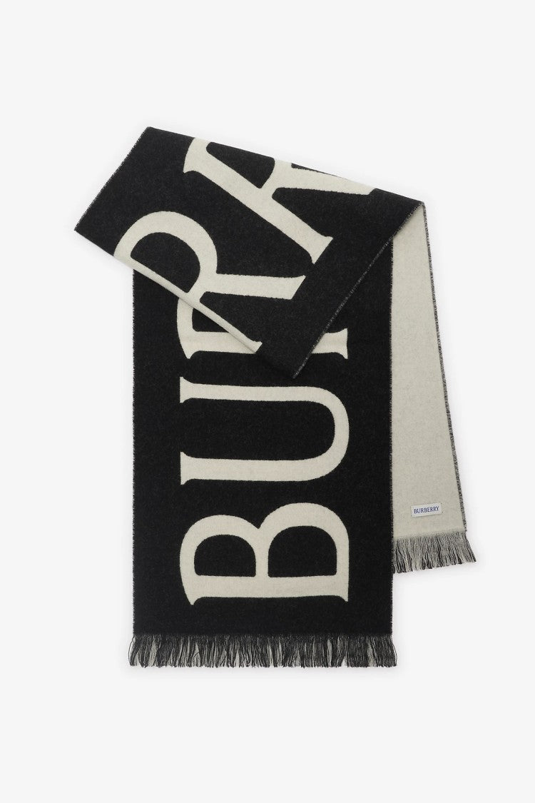 Burberry Fringed Rectangular Wool Scarf With Mini Logo