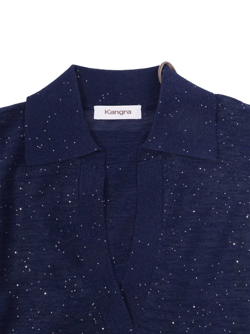 Kangra Cashmere Deep V Neck Sequined Polo Shirt
