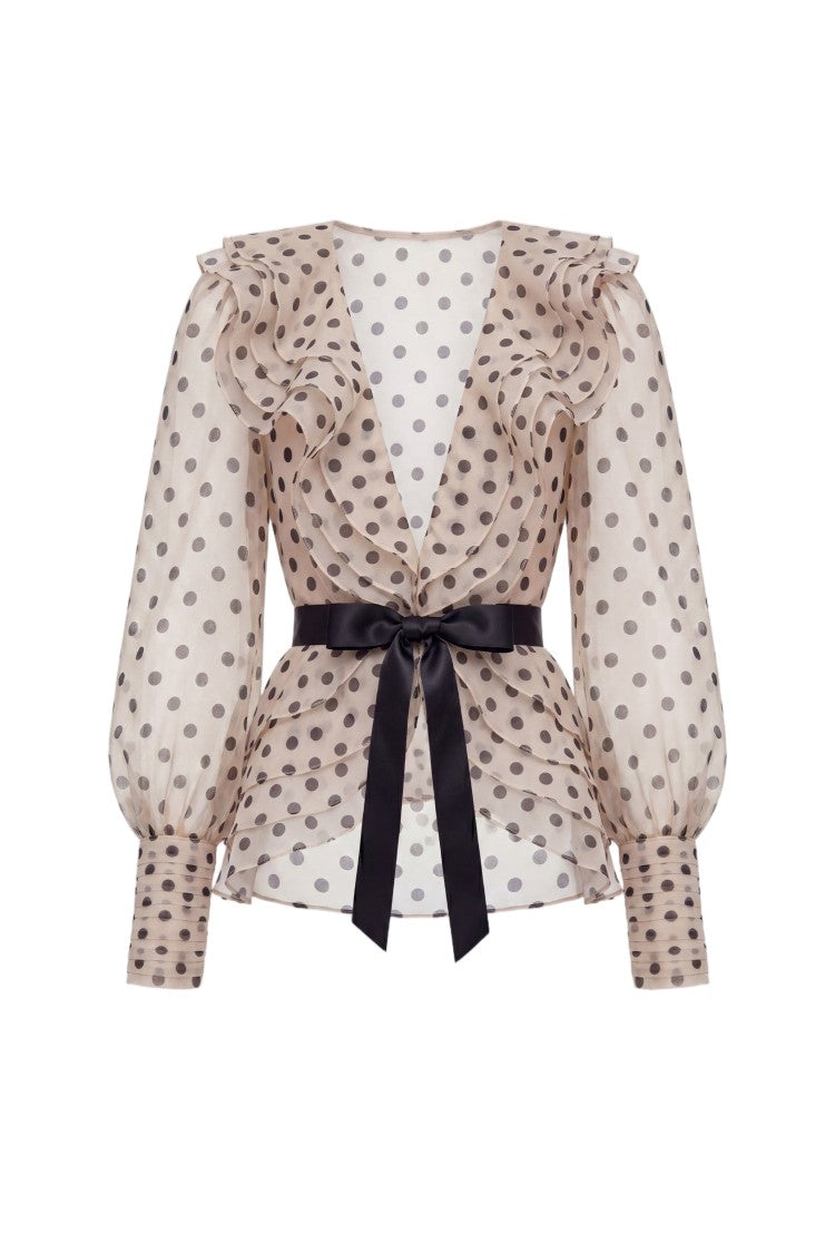 Saiid Kobeisy Polka Dot Chiffon Blouse With Ruffled Neckline And Crystal Embellishments
